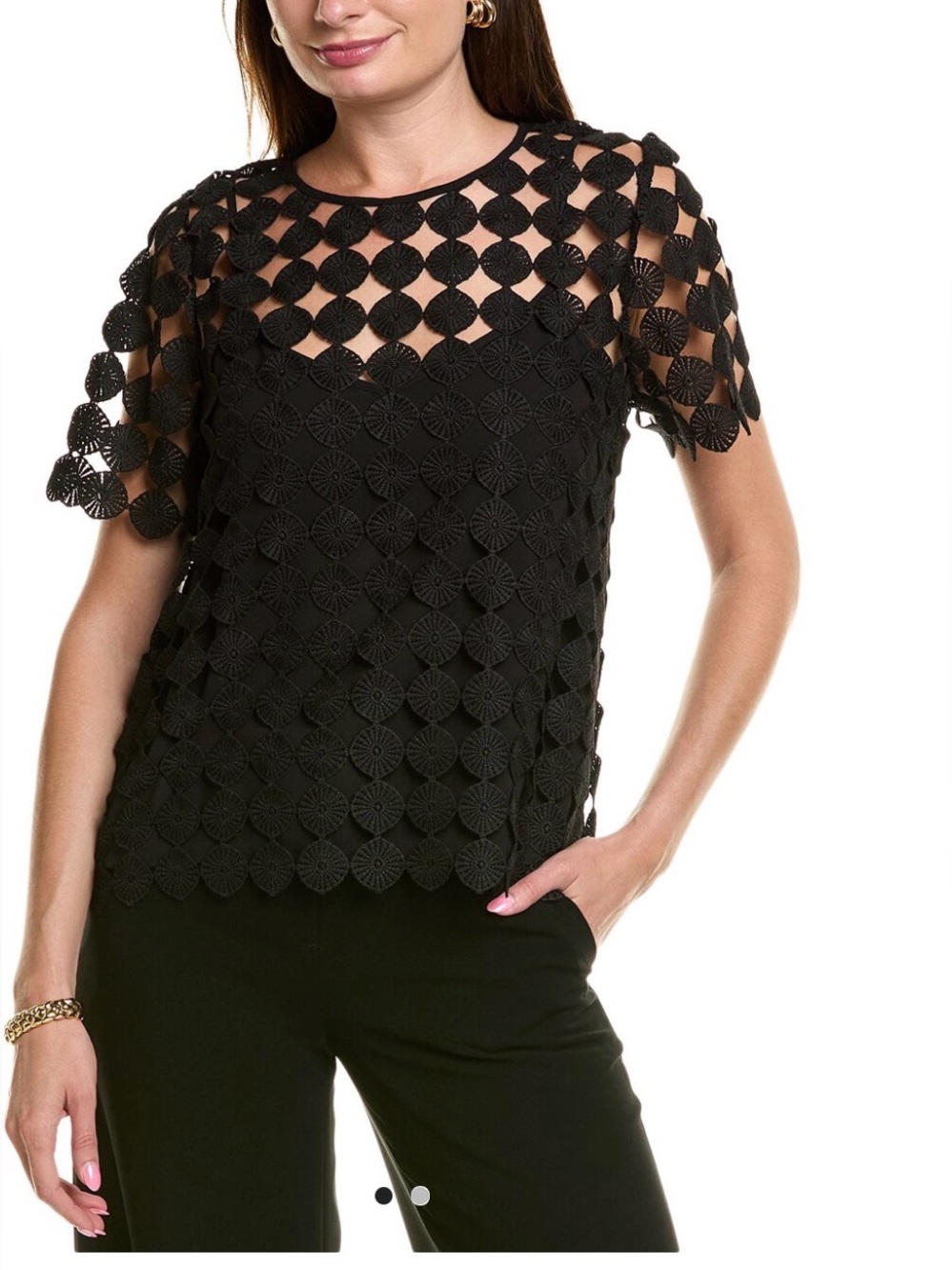 Anne Klein Black Crochet Lace Overlay Short Sleeve Top NWOT medium